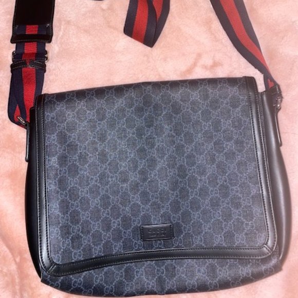 Gucci GG Supreme Monogram Web Flap Messenger Bag Black 